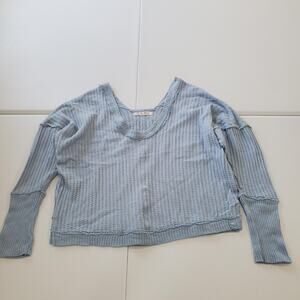 We The Free Thermal Shirt Womens Large Blue Waffle Knit Long Sleeve Raw Hem